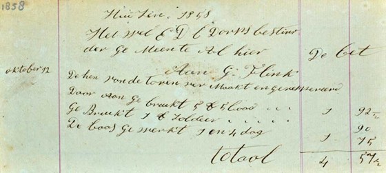 <p>Rekening uit 1858, ontvangen door het dorpsbestuur voor het repareren van de haan op de kerktoren. (Stads- en Streekarchief Naarden). </p>
